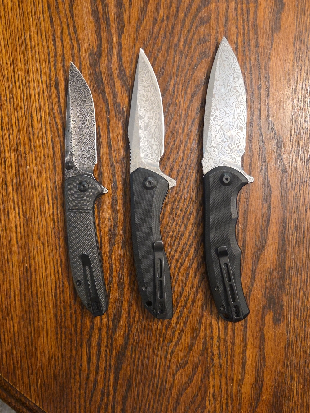 Three Civivi Damascus Pattern Folding Knives with Black Handles